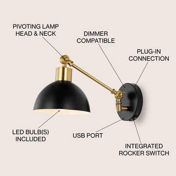 Lisa 18" Swing Arm Modern Midcentury Iron USB Charging Port LED Sconce